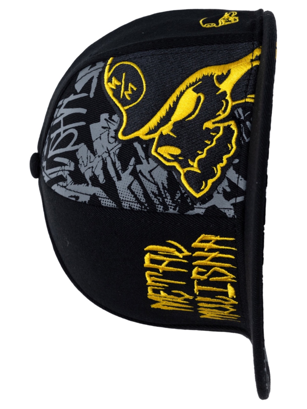 Black Snapback Cap with Yellow Embroidered Skull and Text